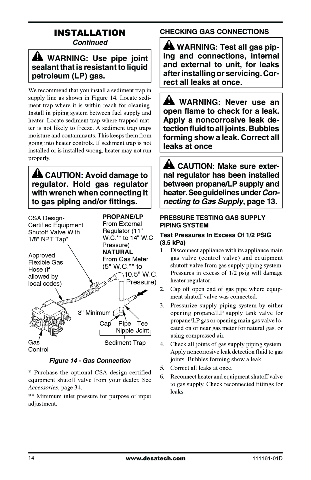 Desa Tech CCL3930PRA, CCL3018NR installation manual Checking GAS Connections, Test Pressures In Excess Of 1/2 Psig 3.5 kPa 