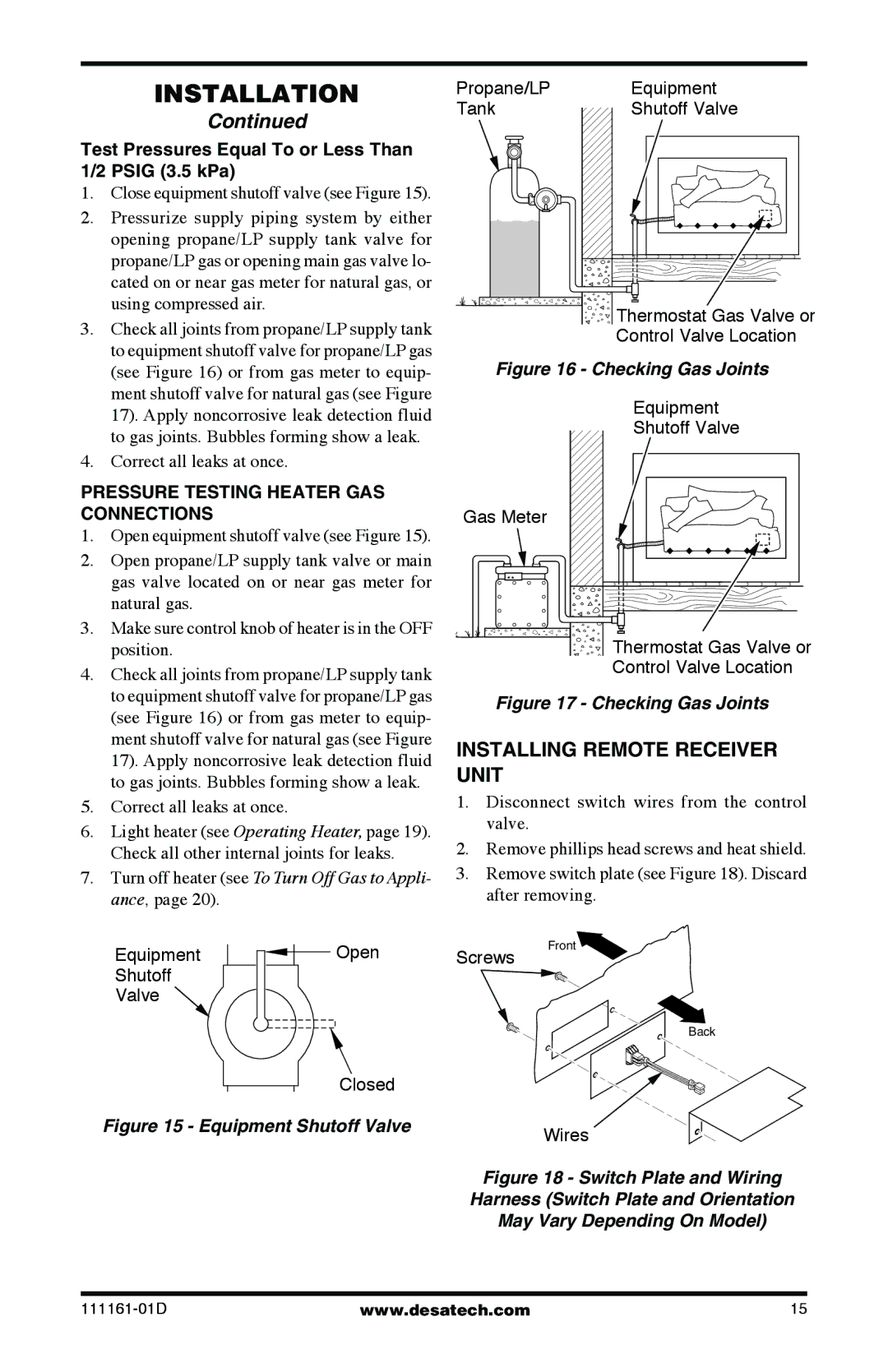 Desa Tech CCL3930PRA, CCL3018NR Installing Remote Receiver Unit, Test Pressures Equal To or Less Than 1/2 Psig 3.5 kPa 