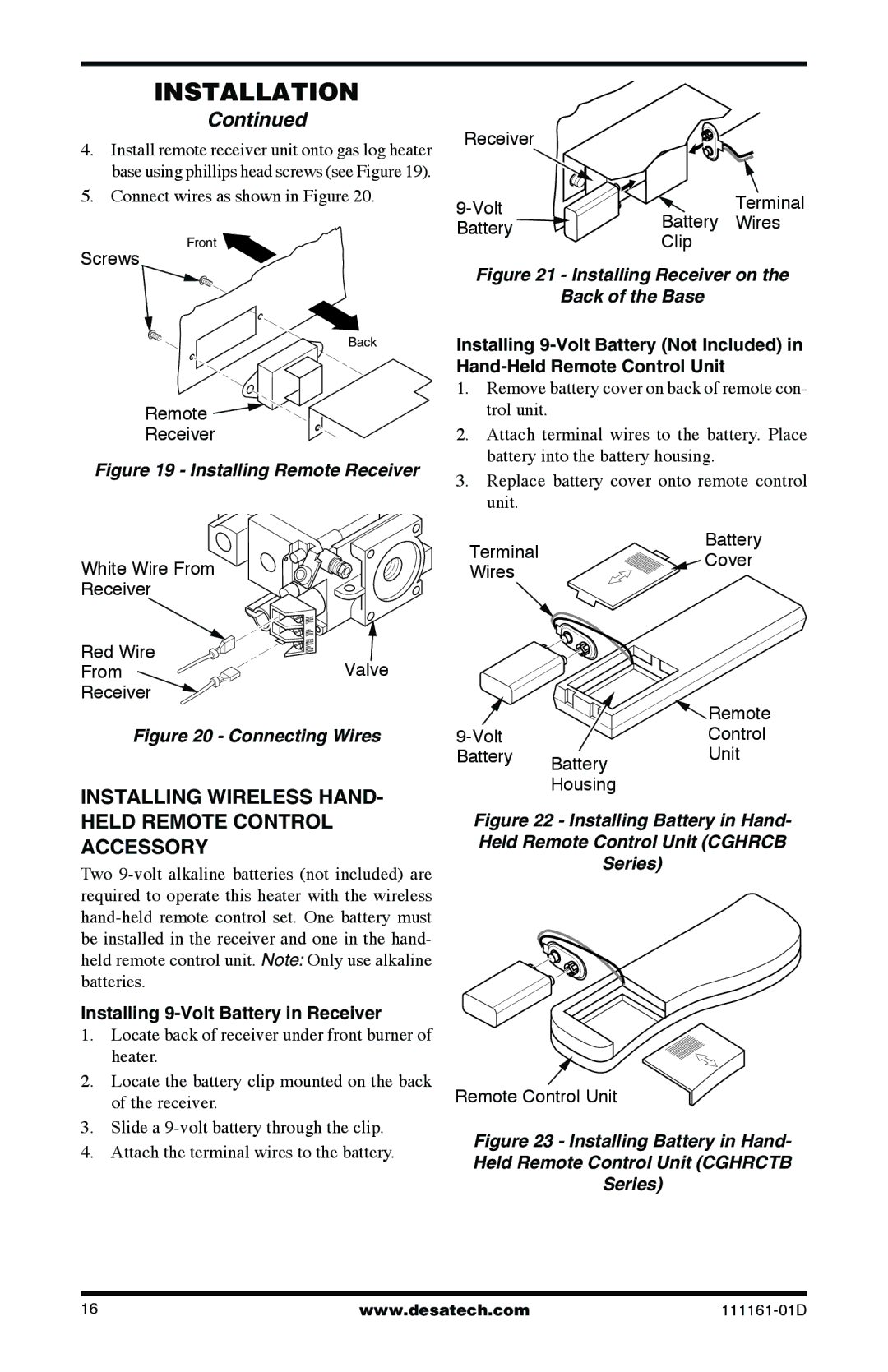 Desa Tech CCL3018NR Installing Wireless HAND- Held Remote Control Accessory, Installing 9-Volt Battery in Receiver 