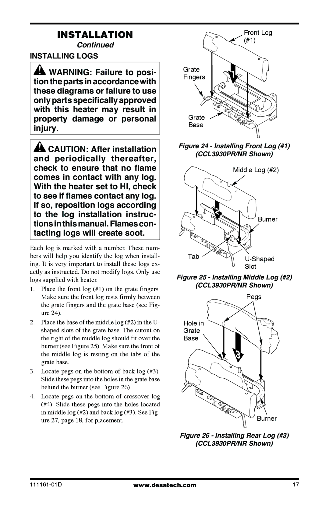 Desa Tech CCL3930PRA, CCL3018NR installation manual Installing Logs, Installing Front Log #1 CCL3930PR/NR Shown 