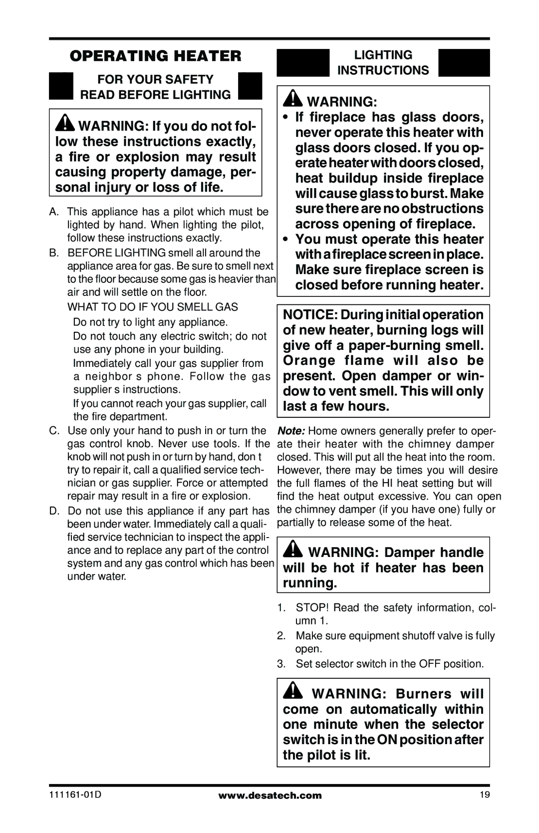 Desa Tech CCL3018NR, CCL3930PRA Operating Heater, For Your Safety Read Before Lighting, Lighting Instructions 