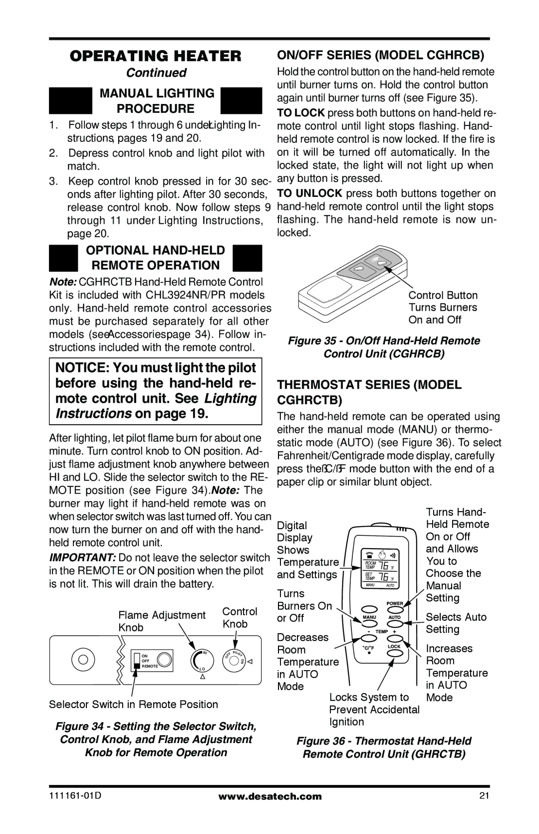 Desa Tech CCL3930PRA, CCL3018NR Manual Lighting Procedure, Optional HAND-HELD Remote Operation, ON/OFF Series Model Cghrcb 