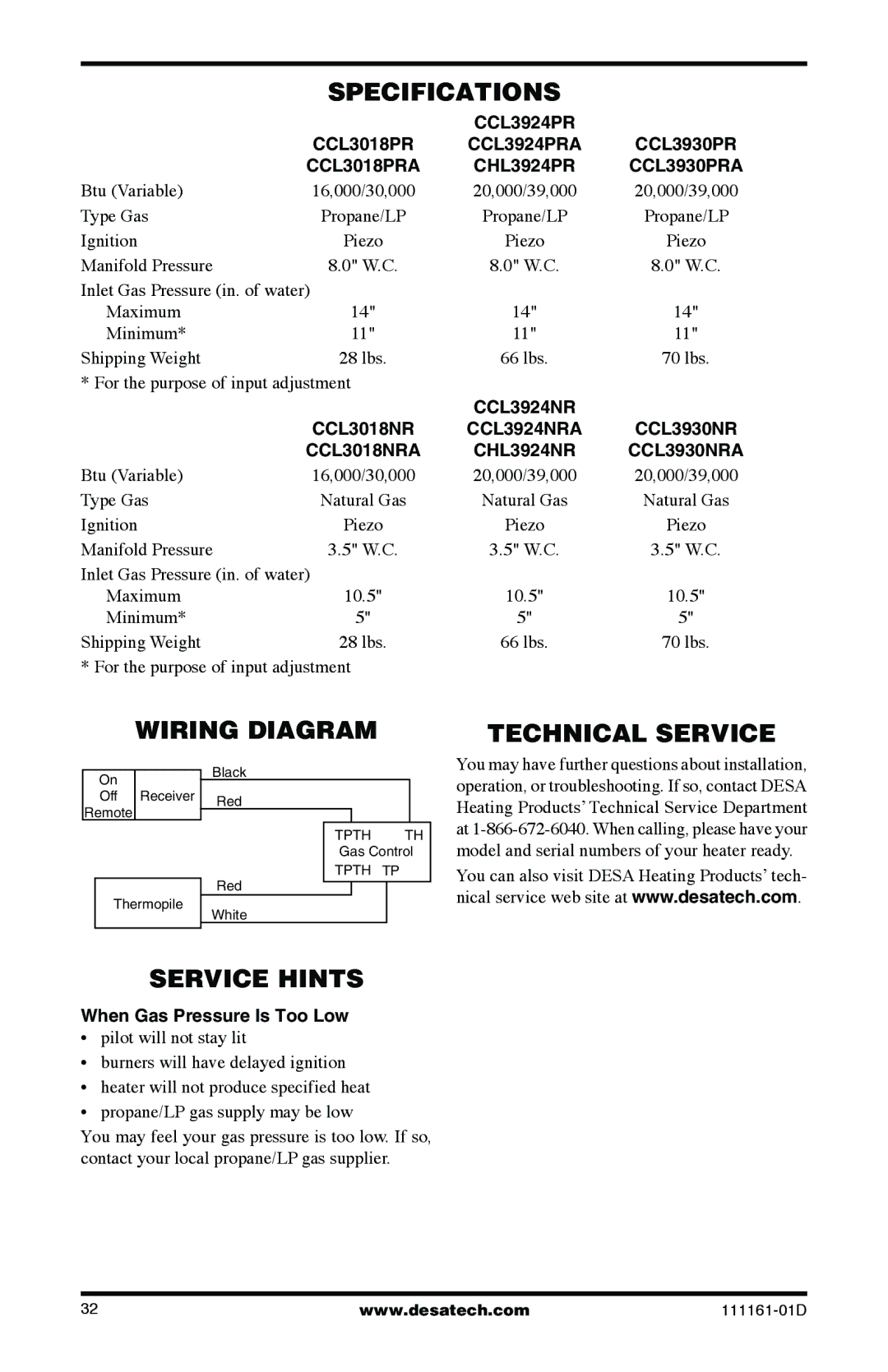 Desa Tech CCL3930PRA Specifications, Wiring Diagram Technical Service, Service Hints, When Gas Pressure Is Too Low 