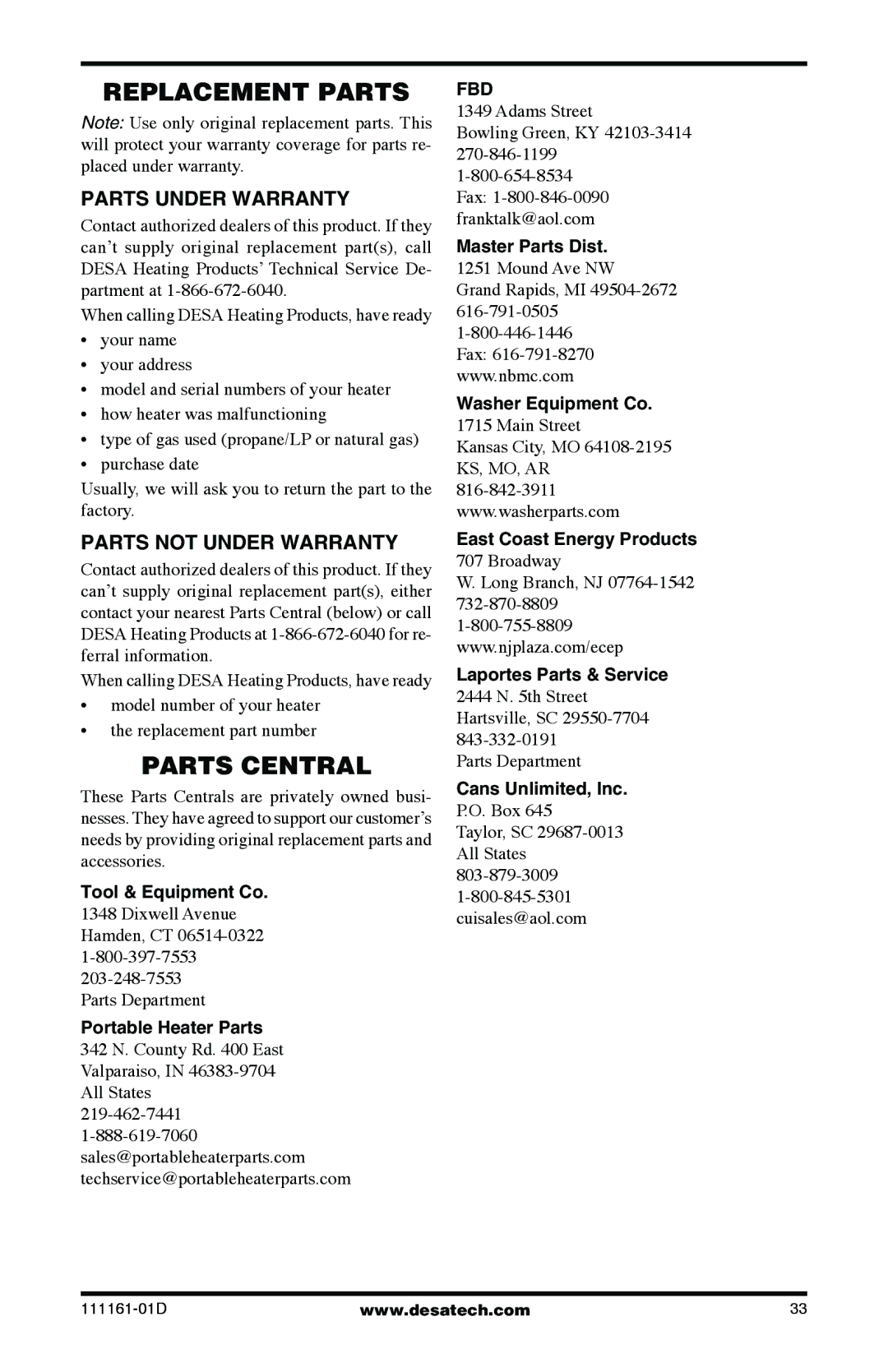 Desa Tech CCL3930PRA, CCL3018NR Replacement Parts, Parts Central, Parts Under Warranty, Parts not Under Warranty 