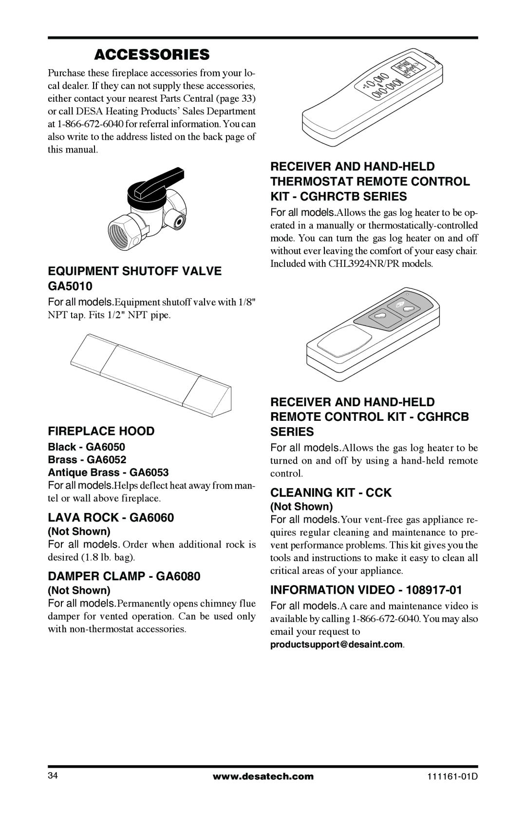 Desa Tech CCL3018NR, CCL3930PRA Equipment Shutoff Valve GA5010, Fireplace Hood, Lava Rock GA6060, Damper Clamp GA6080 