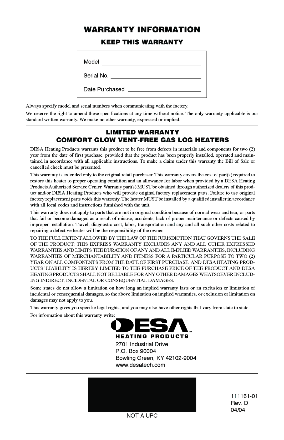 Desa Tech CCL3930PRA Warranty Information, Keep this Warranty, Limited Warranty Comfort Glow VENT-FREE GAS LOG Heaters 