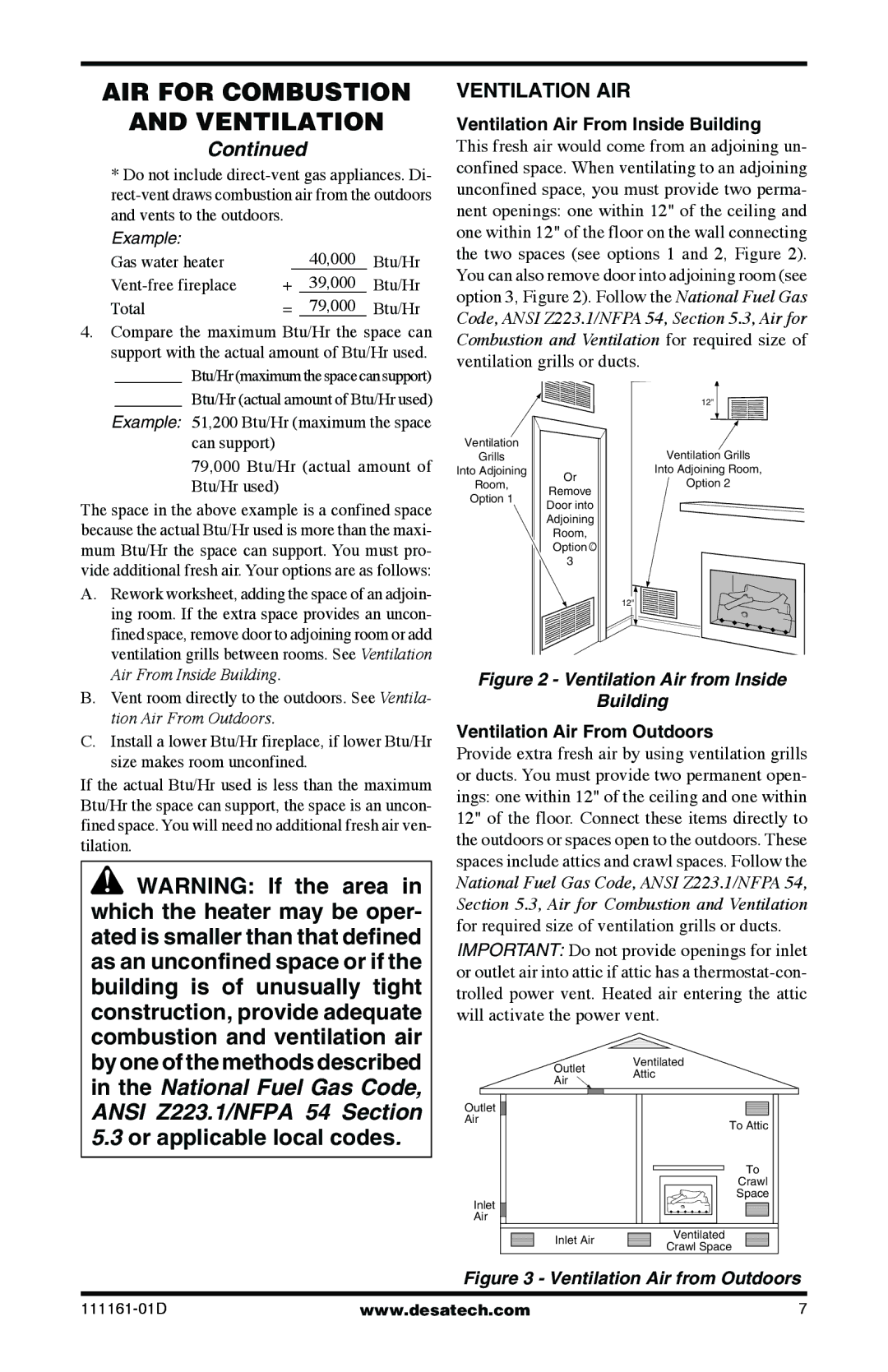 Desa Tech CCL3018NR, CCL3930PRA Ventilation AIR, Ventilation Air From Inside Building, Ventilation Air From Outdoors 