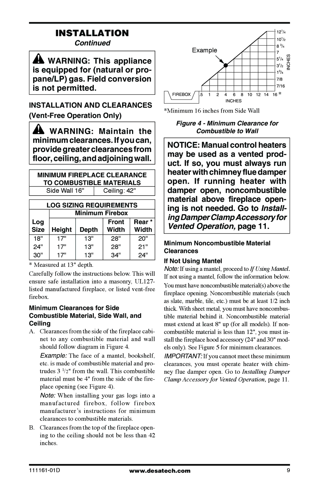 Desa Tech CCL3930PRA, CCL3018NR installation manual Installation and Clearances Vent-Free Operation Only, Log 