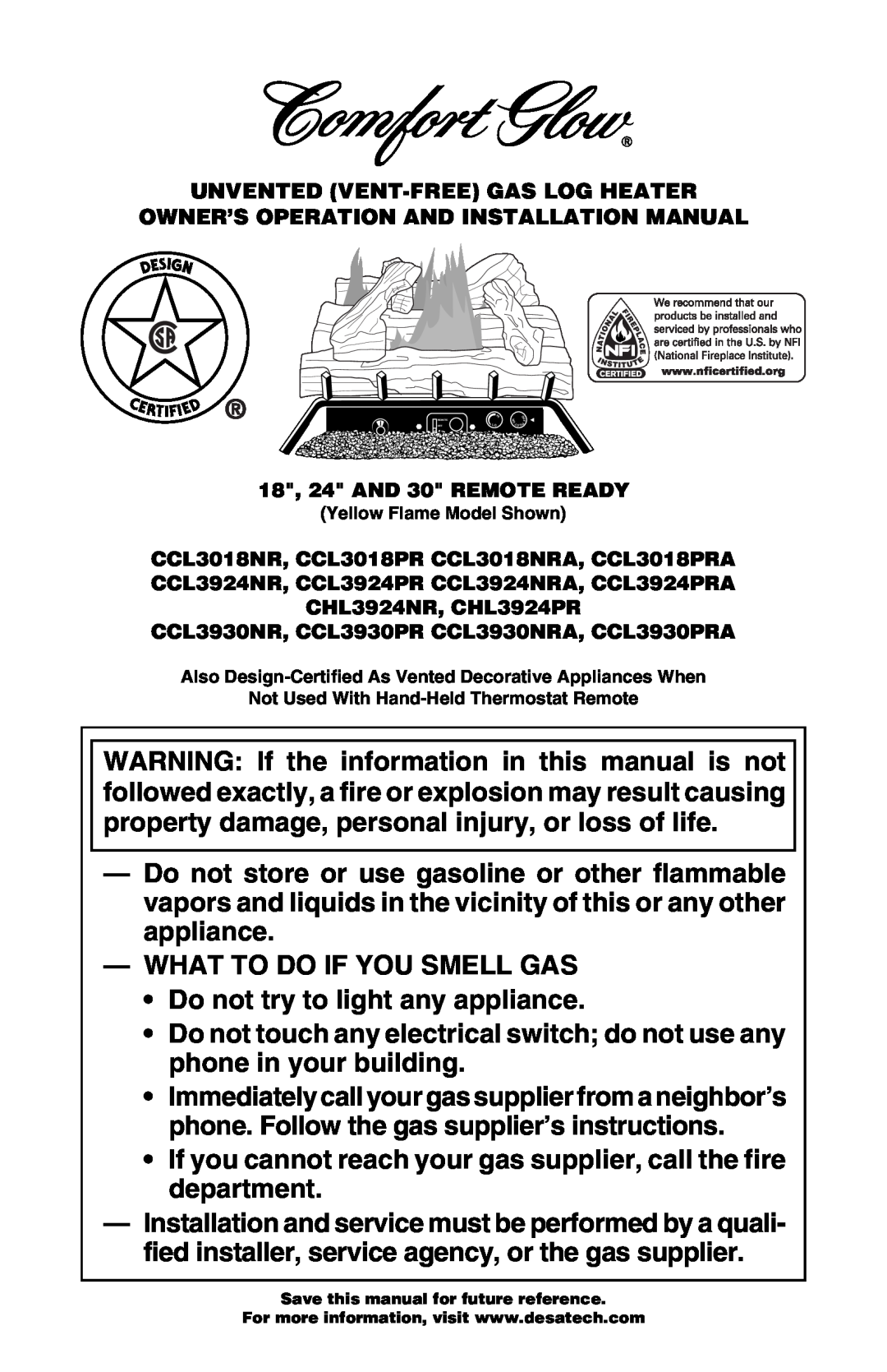 Desa Tech CCL3018NR, CCL3930PRA installation manual What To Do If You Smell Gas 