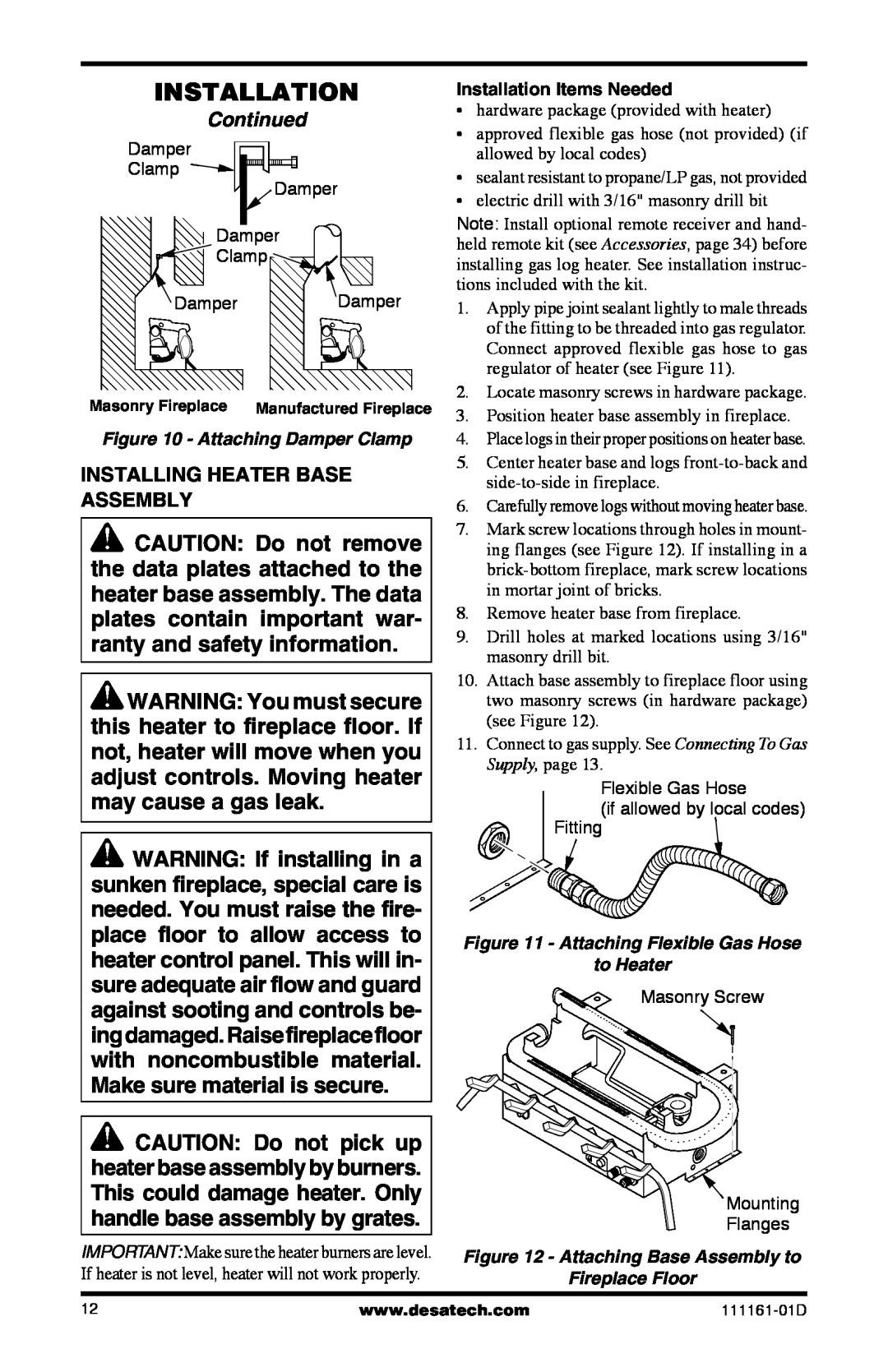 Desa Tech CCL3930PRA, CCL3018NR installation manual Continued, Installing Heater Base Assembly 