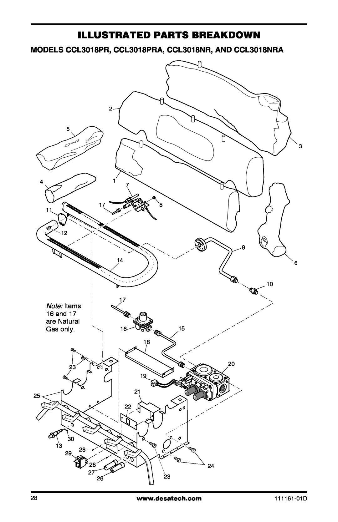 Desa Tech CCL3018NR, CCL3930PRA installation manual Illustrated Parts Breakdown, Note Items, 16 and, are Natural, Gas only 