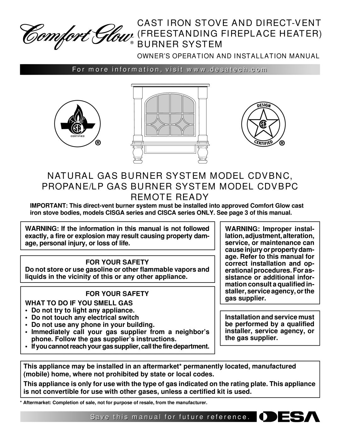 Desa Tech CDVBPC, CDVBNC manual OWNER’S Operation and Installation Manual, For Your Safety 