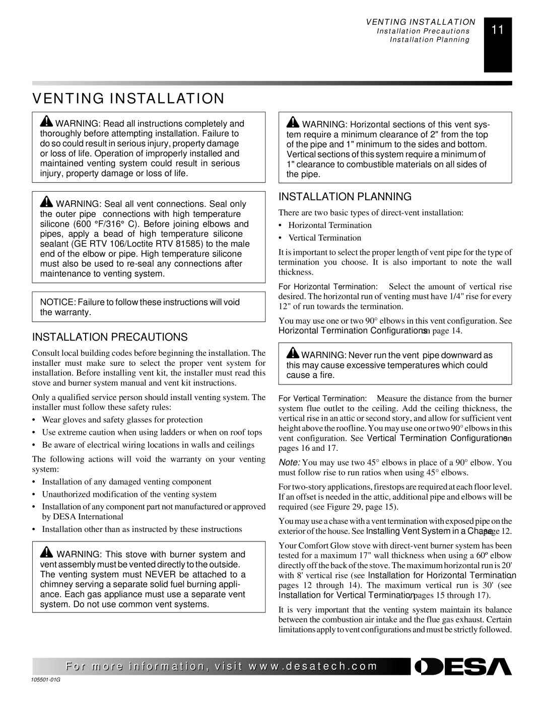 Desa Tech CDVBPC, CDVBNC manual Venting Installation, Installation Precautions, Installation Planning 