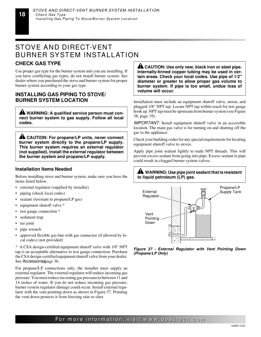 Desa Tech CDVBNC, CDVBPC manual Stove and DIRECT-VENT Burner System Installation, Check GAS Type, Installation Items Needed 