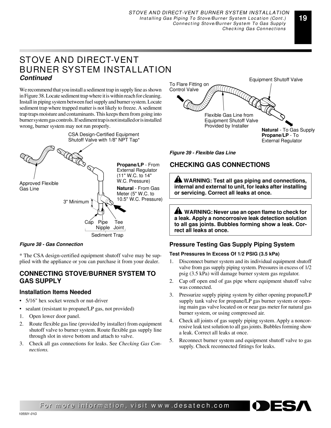 Desa Tech CDVBPC, CDVBNC manual Checking GAS Connections, Connecting STOVE/BURNER System to GAS Supply 