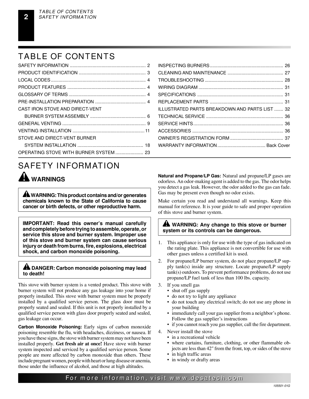 Desa Tech CDVBNC, CDVBPC manual Table of Contents, Safety Information 