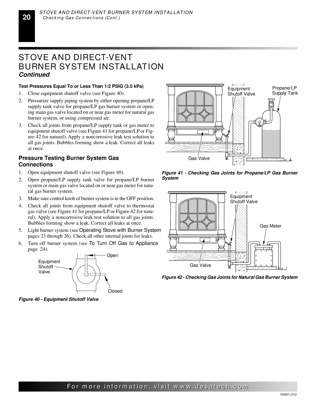 Desa Tech CDVBNC Pressure Testing Burner System Gas Connections, Turn off burner system see To Turn Off Gas to Appliance 