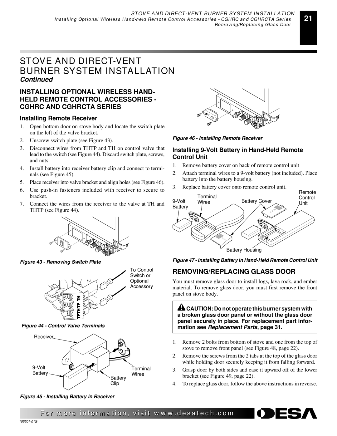 Desa Tech CDVBPC, CDVBNC manual REMOVING/REPLACING Glass Door, Installing Remote Receiver 