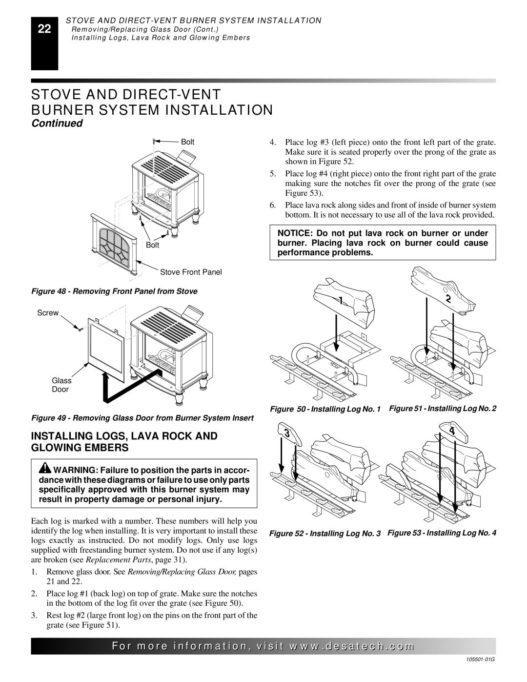 Desa Tech CDVBNC, CDVBPC manual Installing LOGS, Lava Rock and Glowing Embers, Removing Front Panel from Stove 