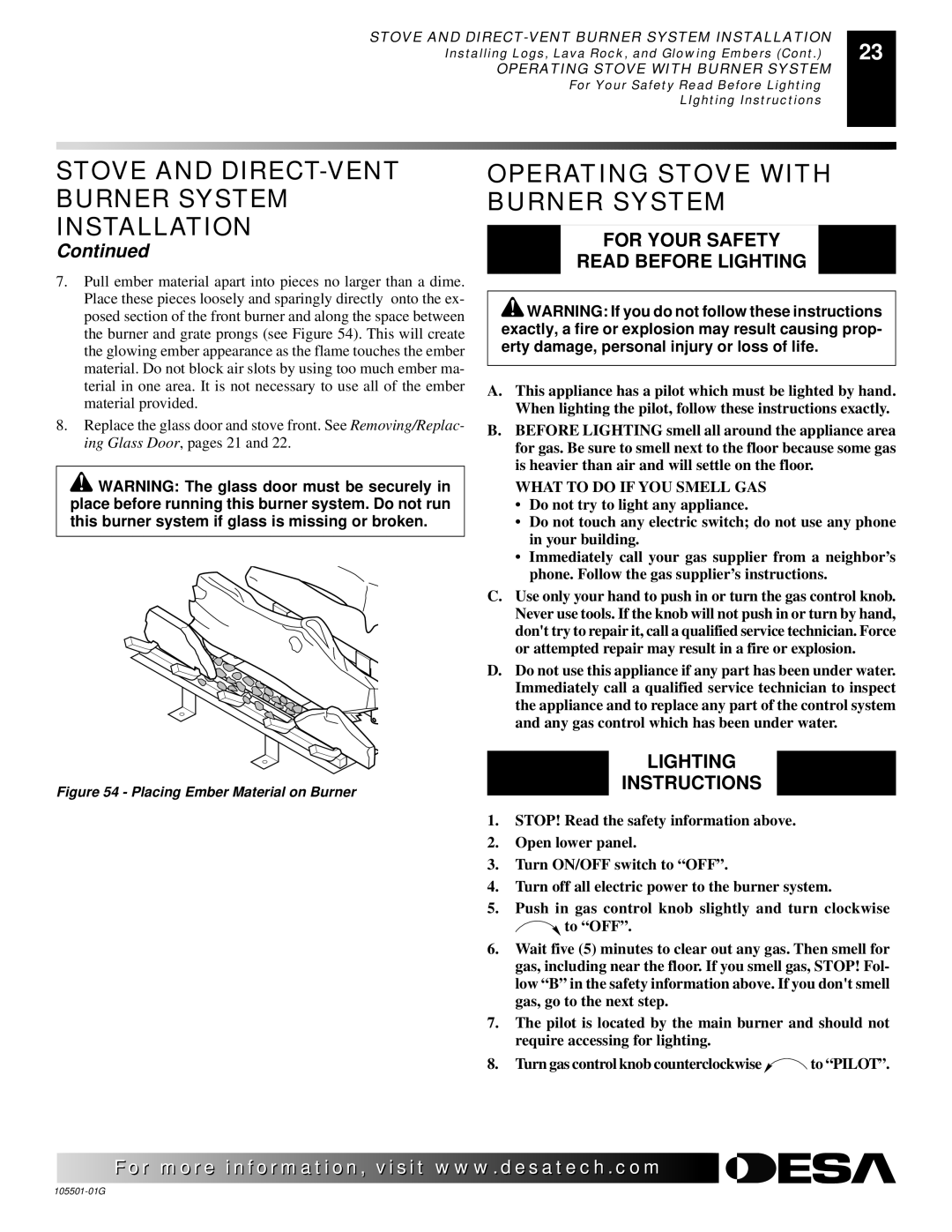 Desa Tech CDVBPC, CDVBNC Operating Stove with Burner System, For Your Safety Read Before Lighting, Lighting Instructions 