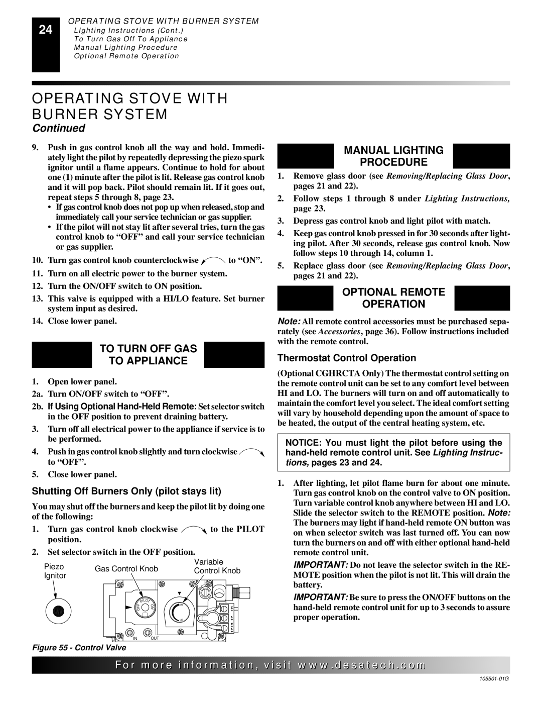 Desa Tech CDVBNC, CDVBPC manual To Turn OFF GAS To Appliance, Manual Lighting Procedure, Optional Remote Operation 