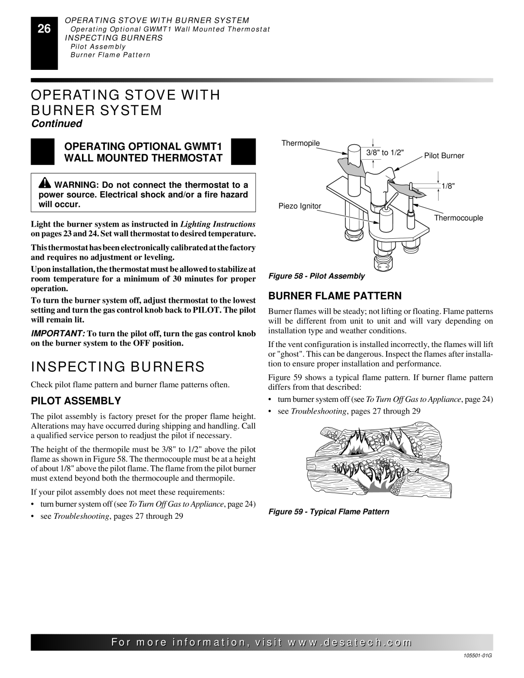 Desa Tech CDVBNC, CDVBPC manual Inspecting Burners, Operating Optional GWMT1 Wall Mounted Thermostat, Pilot Assembly 