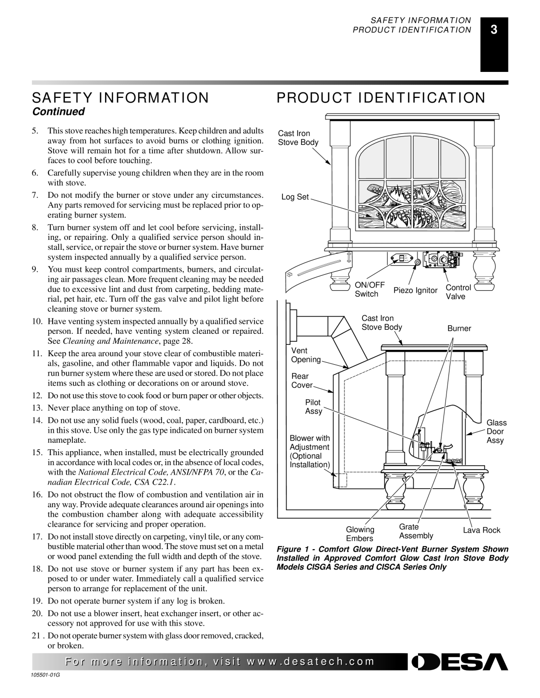 Desa Tech CDVBPC, CDVBNC manual Safety Information Product Identification, Cleaning stove or burner system 