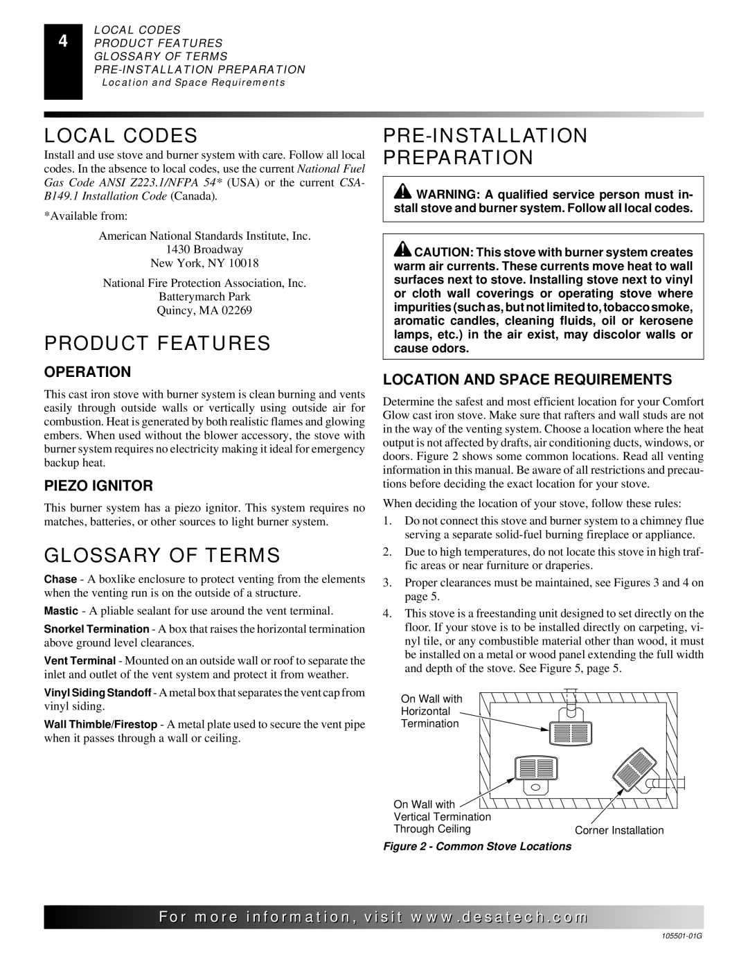 Desa Tech CDVBNC, CDVBPC manual Local Codes, Product Features, Glossary of Terms, PRE-INSTALLATION Preparation 