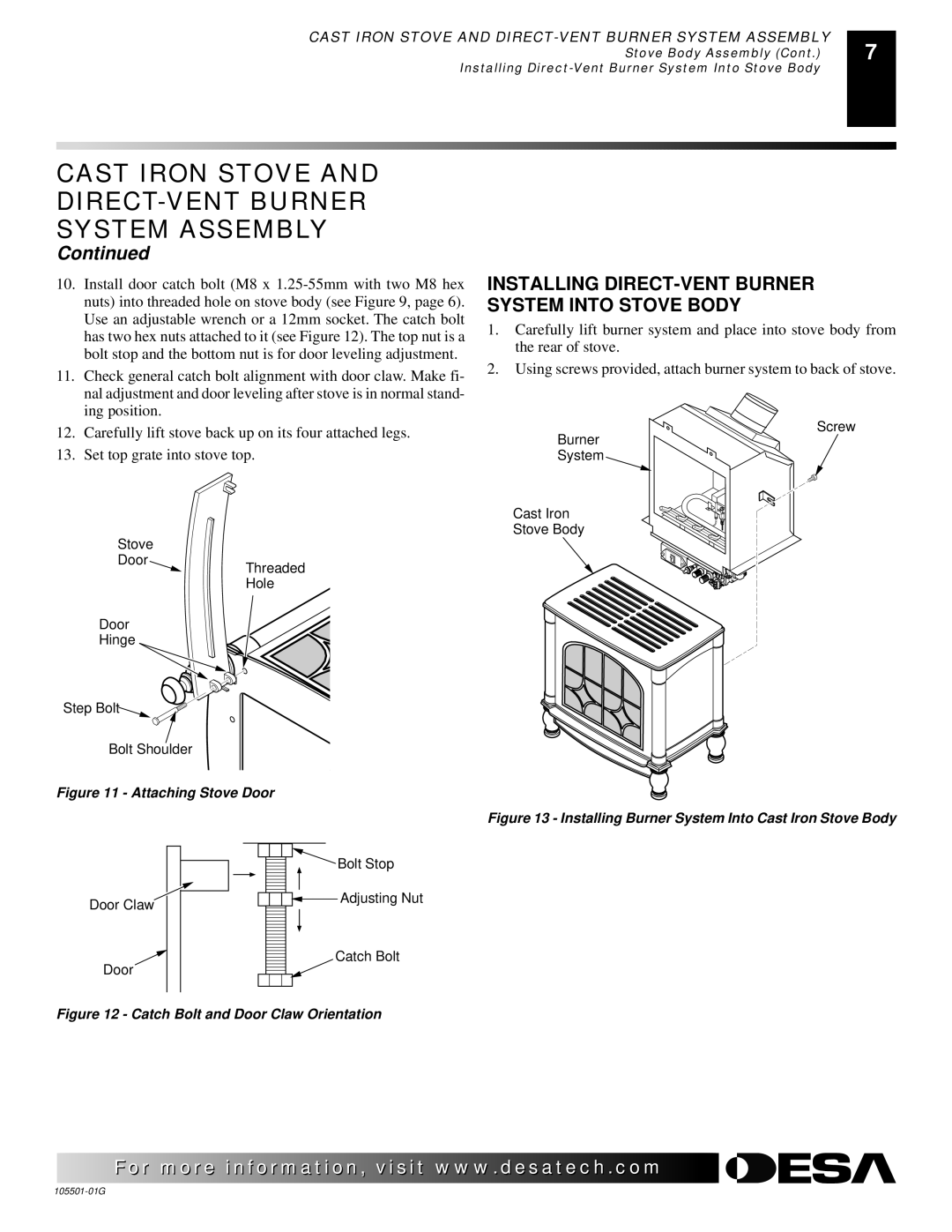 Desa Tech CDVBPC, CDVBNC manual Installing DIRECT-VENT Burner System Into Stove Body, Attaching Stove Door 