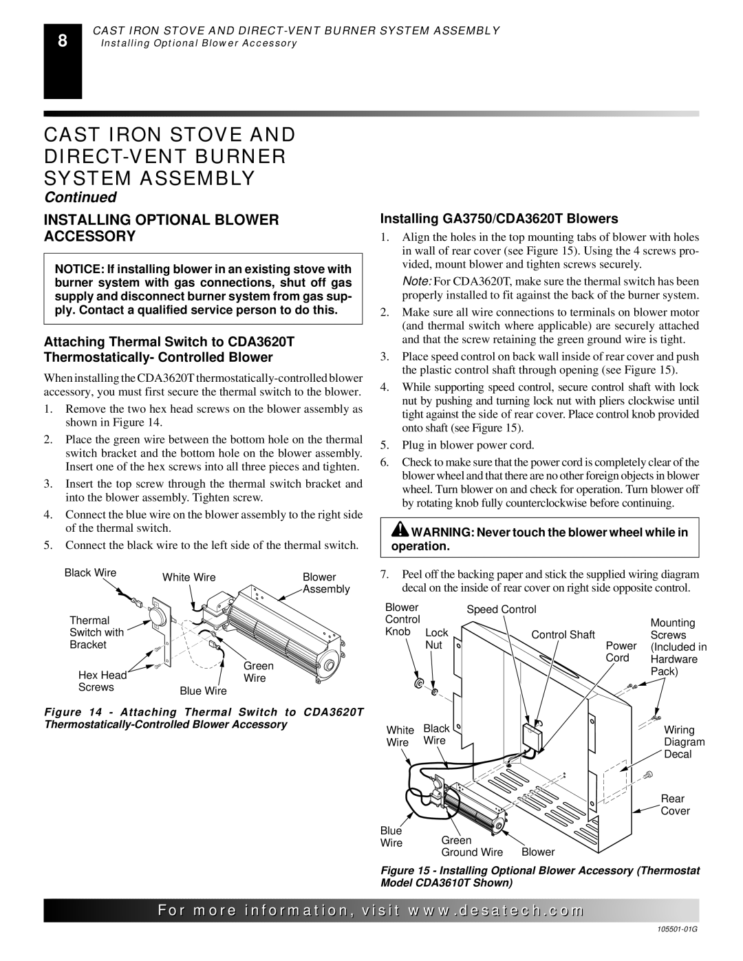 Desa Tech CDVBNC, CDVBPC manual Installing Optional Blower Accessory, Installing GA3750/CDA3620T Blowers 