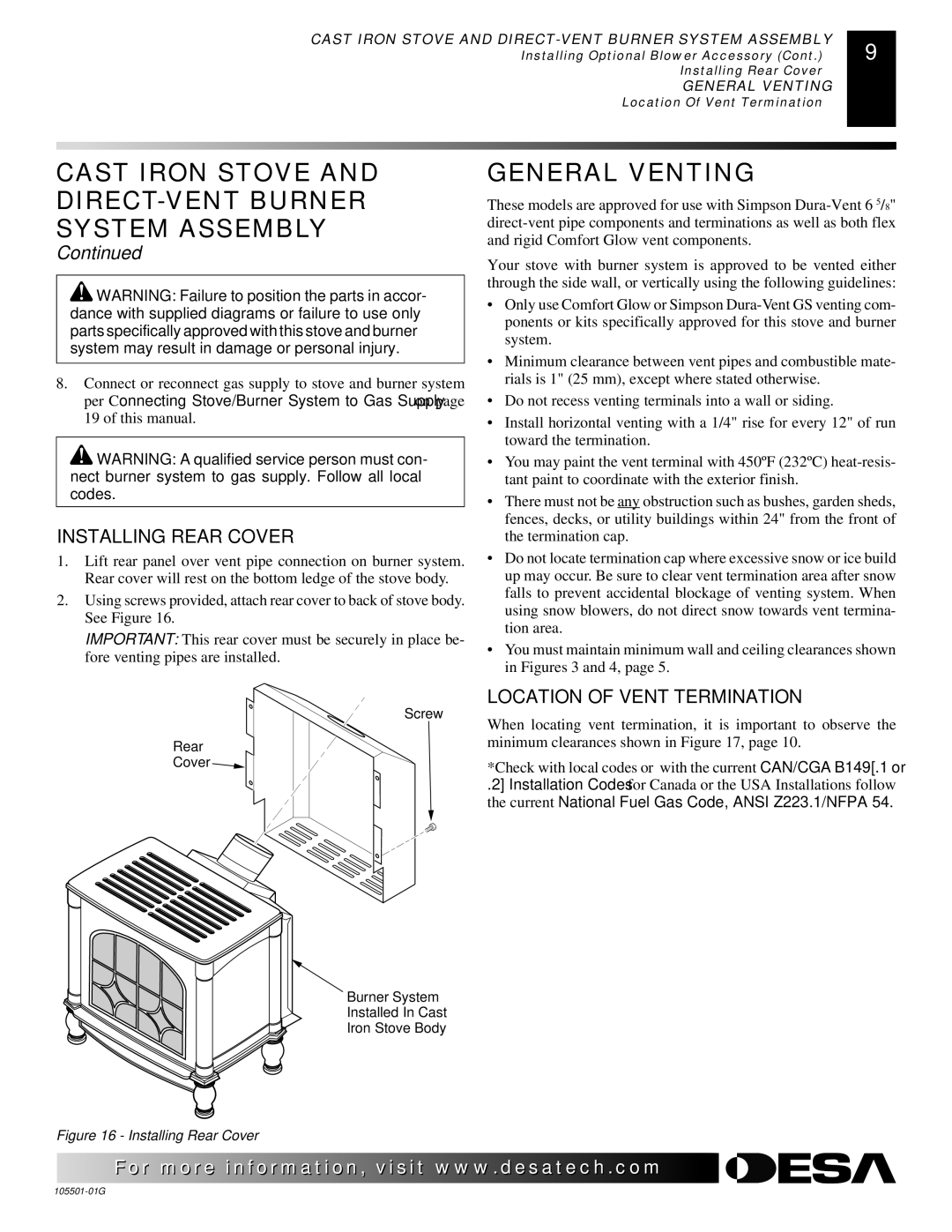 Desa Tech CDVBPC, CDVBNC manual General Venting, Installing Rear Cover, Location of Vent Termination 