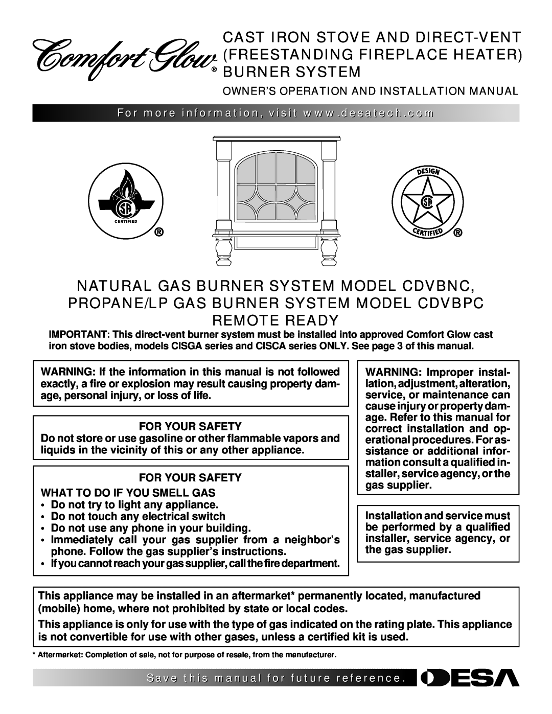 Desa Tech CDVBPC, CDVBNC manual Owner’S Operation And Installation Manual 