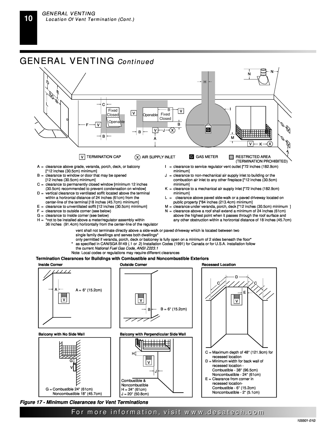 Desa Tech CDVBNC D E B L, V G V A, For..com, General Venting, Minimum Clearances for Vent Terminations, Inside Corner 