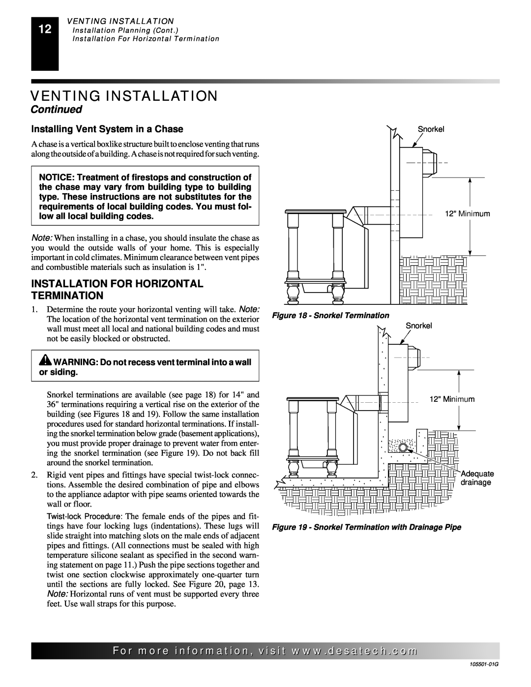 Desa Tech CDVBNC, CDVBPC Continued, Installation For Horizontal Termination, For..com, Installing Vent System in a Chase 