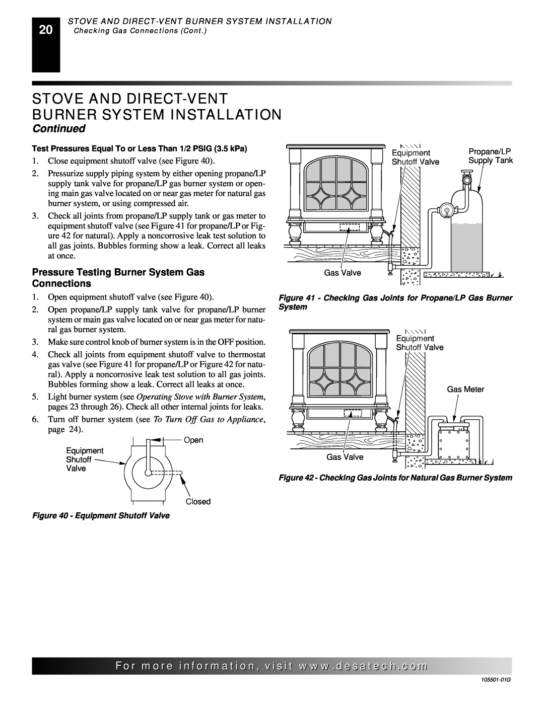 Desa Tech CDVBNC, CDVBPC manual Continued, For..com, Pressure Testing Burner System Gas Connections 