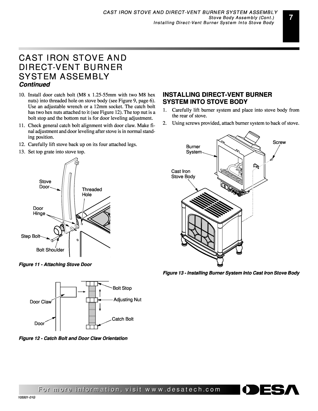 Desa Tech CDVBPC, CDVBNC manual Continued, Installing Direct-Vent Burner System Into Stove Body 