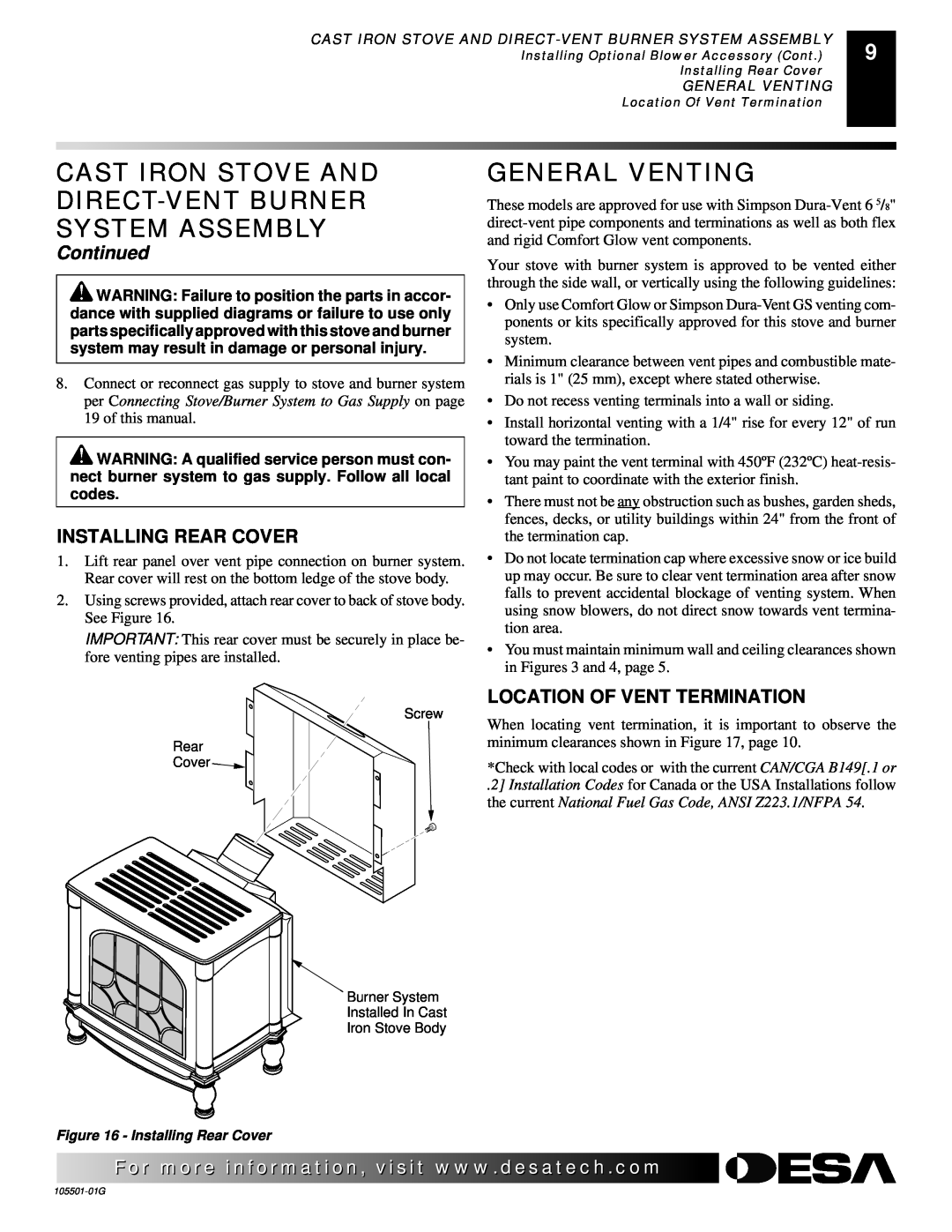 Desa Tech CDVBPC, CDVBNC manual Continued, Installing Rear Cover, Location Of Vent Termination 