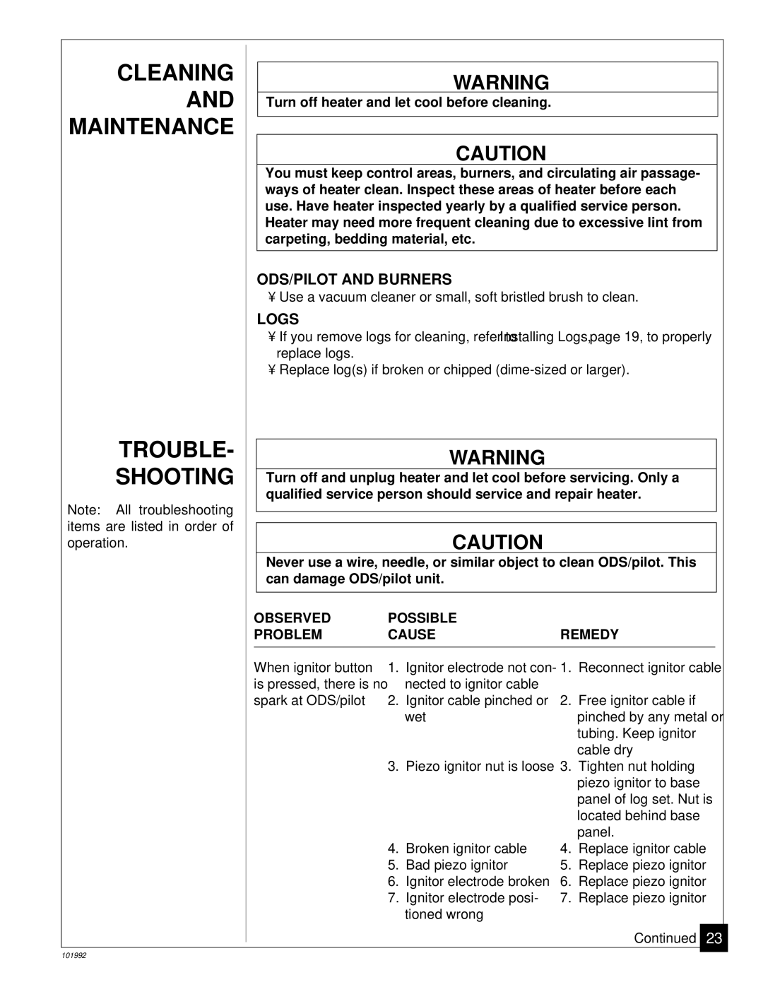 Desa Tech CG3324PV, CG2618PV, CG3630PV, CG3324PT Cleaning and Maintenance Trouble Shooting, ODS/PILOT and Burners, Logs 