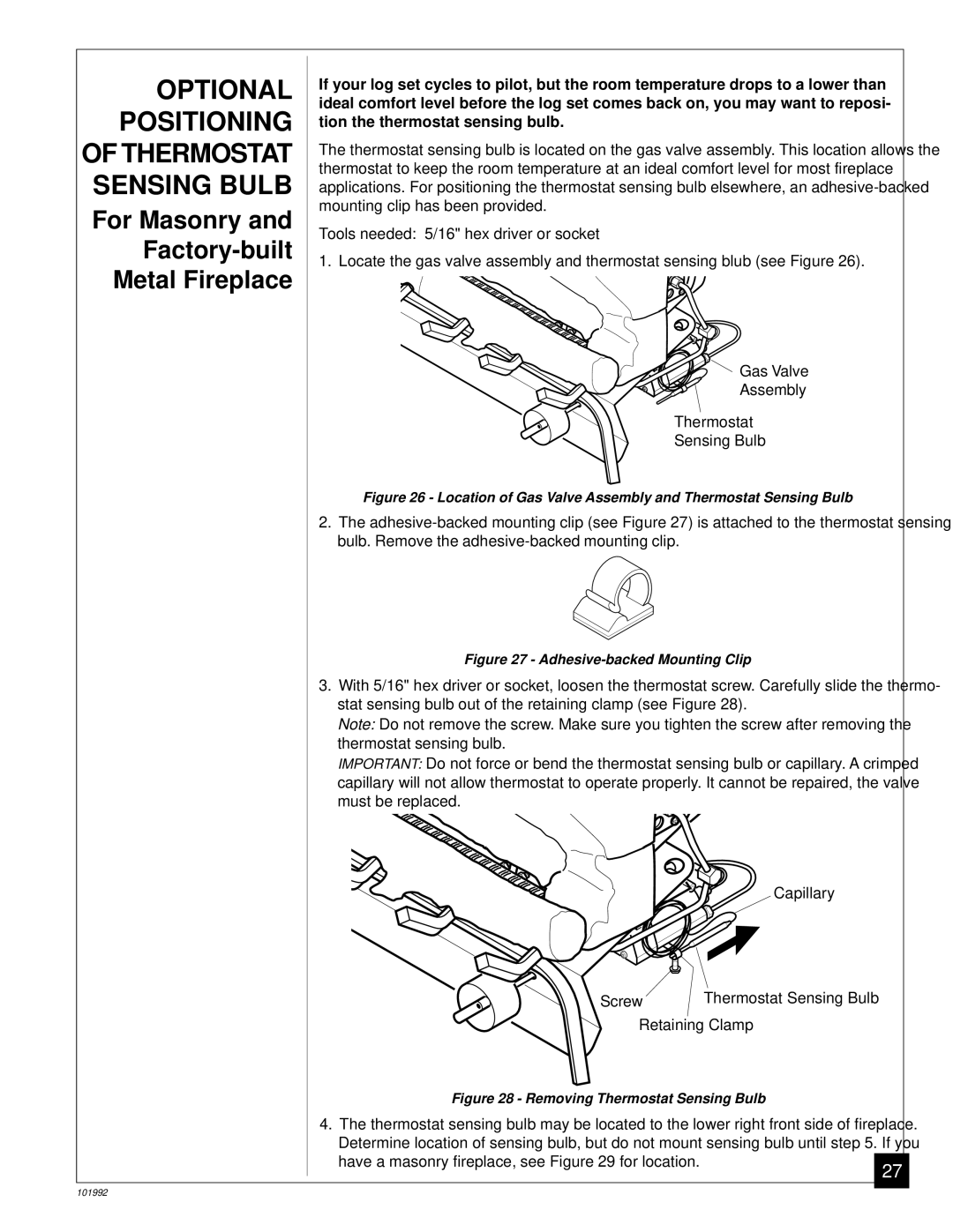 Desa Tech CG3324PT, CG2618PV, CG3630PV, CG3324PV, CG3630PT installation manual Optional Positioning of Thermostat Sensing Bulb 