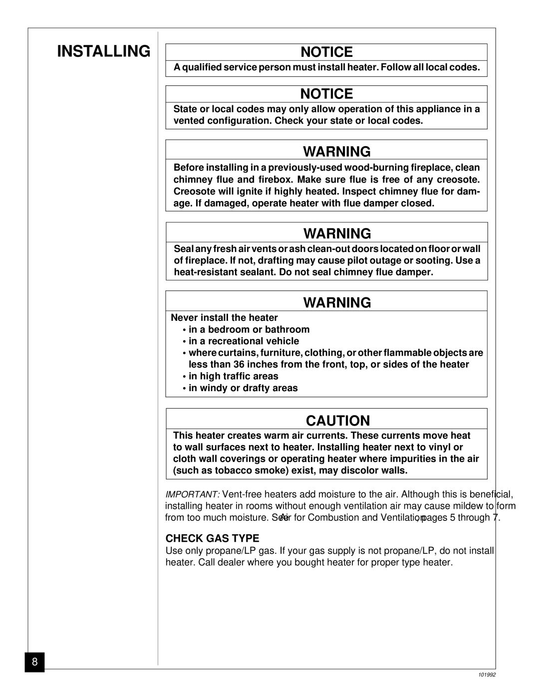 Desa Tech CG3324PV, CG2618PV, CG3630PV, CG3324PT, CG3630PT installation manual Installing, Check GAS Type 