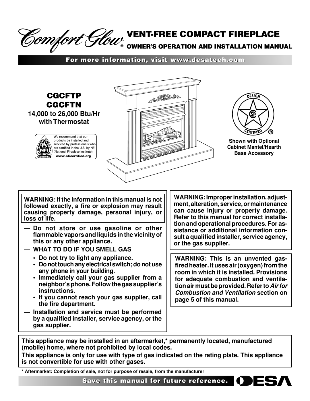 Desa Tech CGCFTN, CGCFTP installation manual OWNER’S Operation and Installation Manual, What to do if YOU Smell GAS 