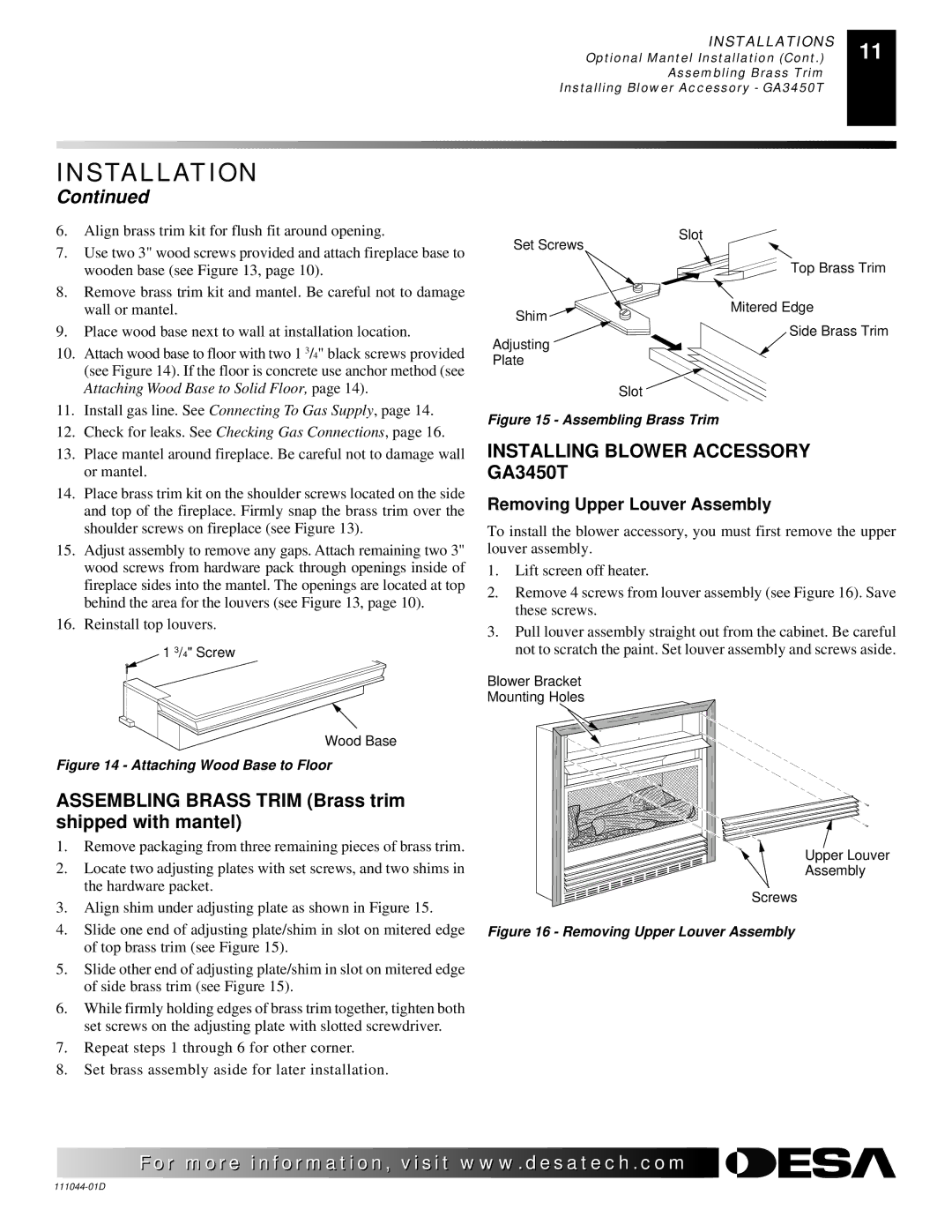 Desa Tech CGCFTN, CGCFTP installation manual Installing Blower Accessory GA3450T, Removing Upper Louver Assembly 