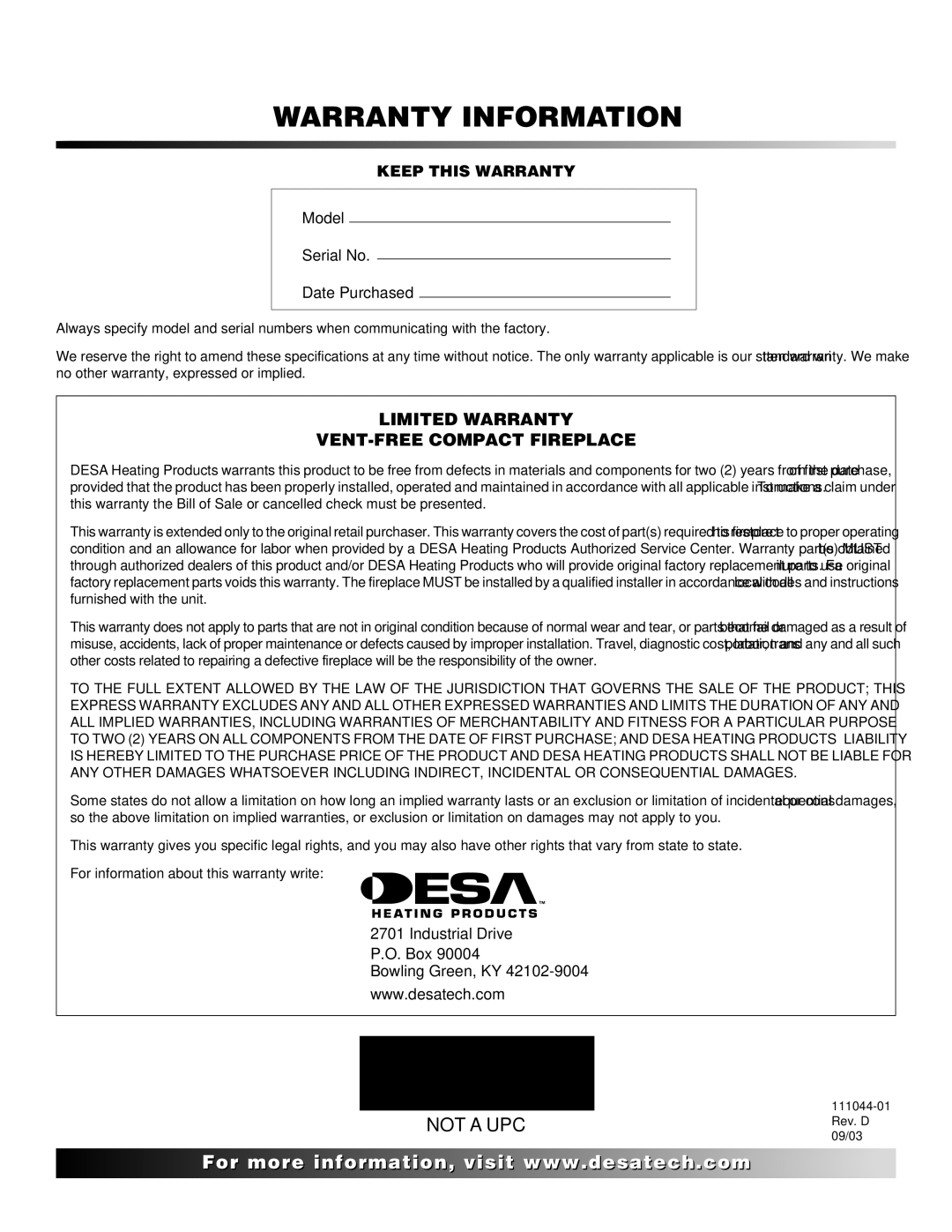 Desa Tech CGCFTP, CGCFTN installation manual Warranty Information 