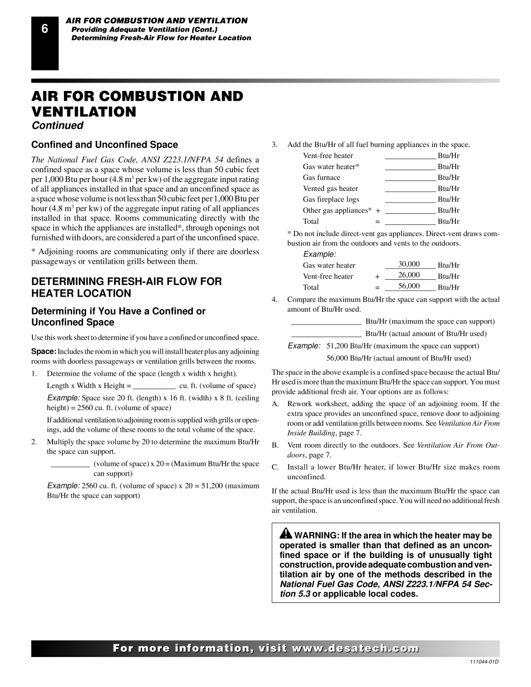 Desa Tech CGCFTP, CGCFTN installation manual Determining FRESH-AIR Flow for Heater Location, Confined and Unconfined Space 