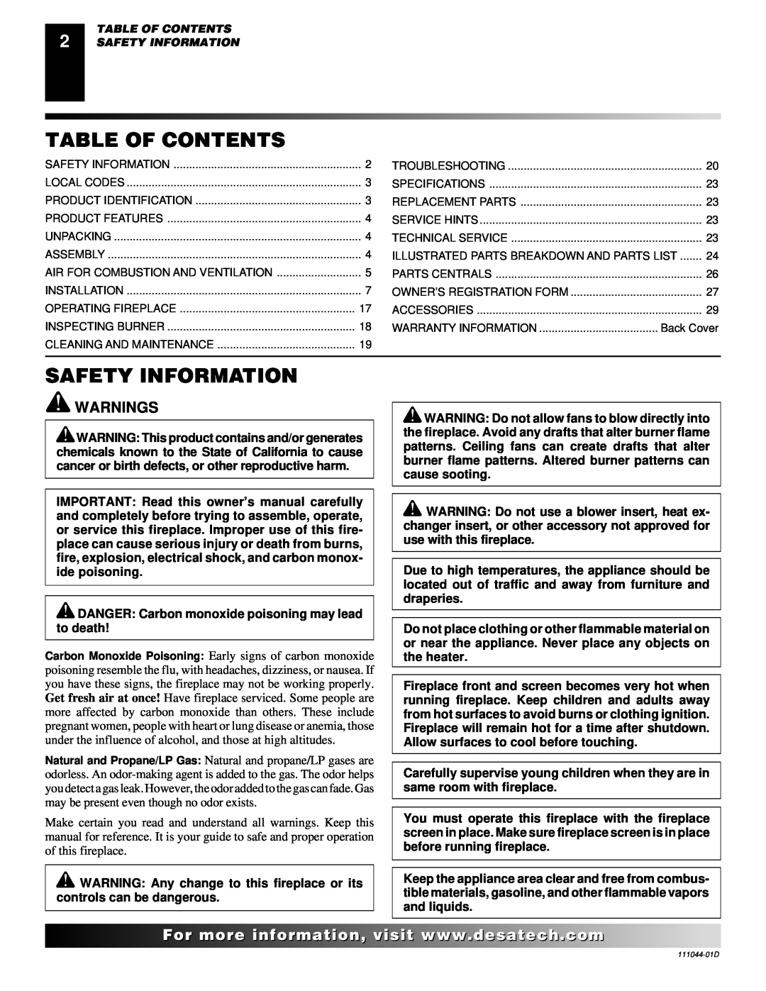Desa Tech CGCFTP, CGCFTN installation manual Table Of Contents, Safety Information, Warnings 