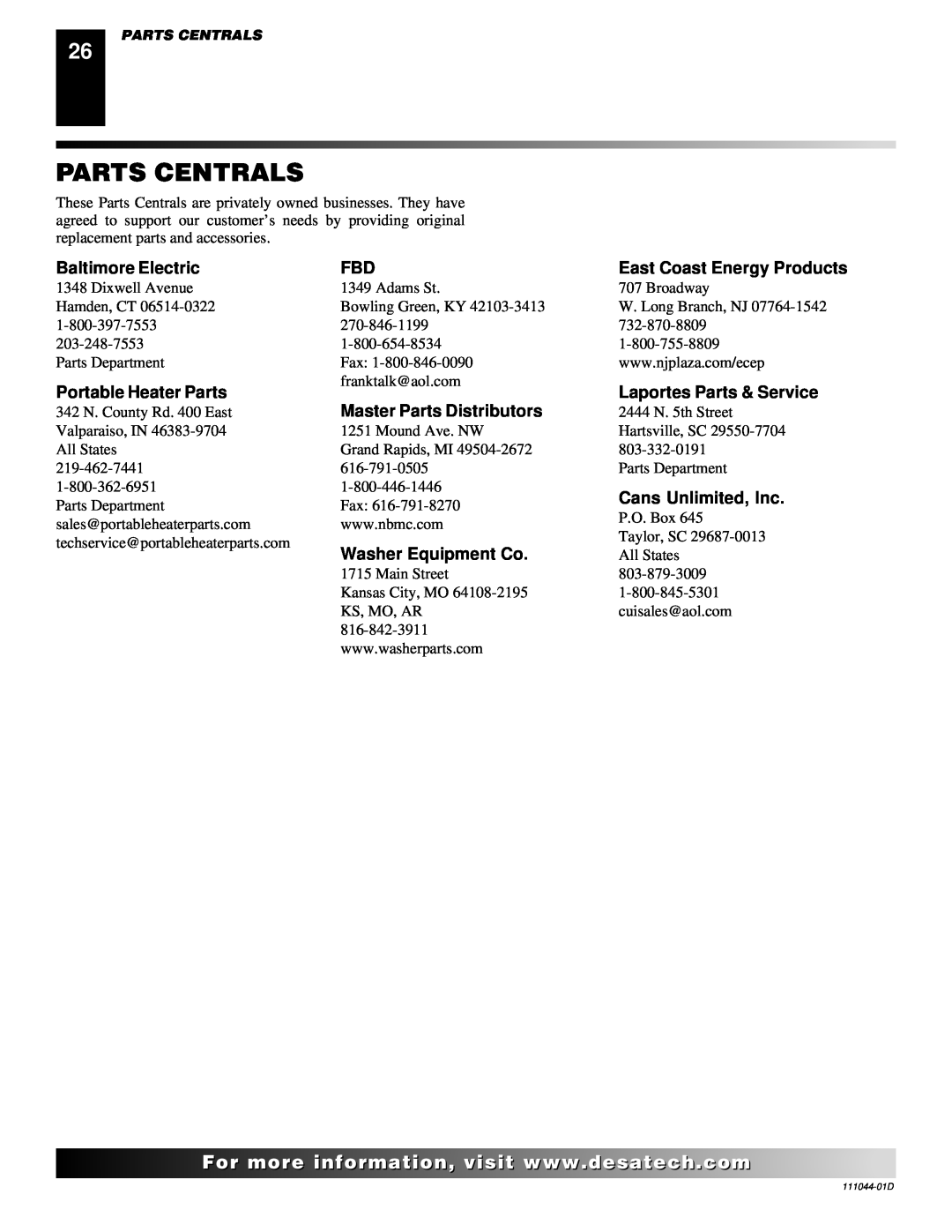 Desa Tech CGCFTP Parts Centrals, Baltimore Electric, Portable Heater Parts, Laportes Parts & Service, Cans Unlimited, Inc 