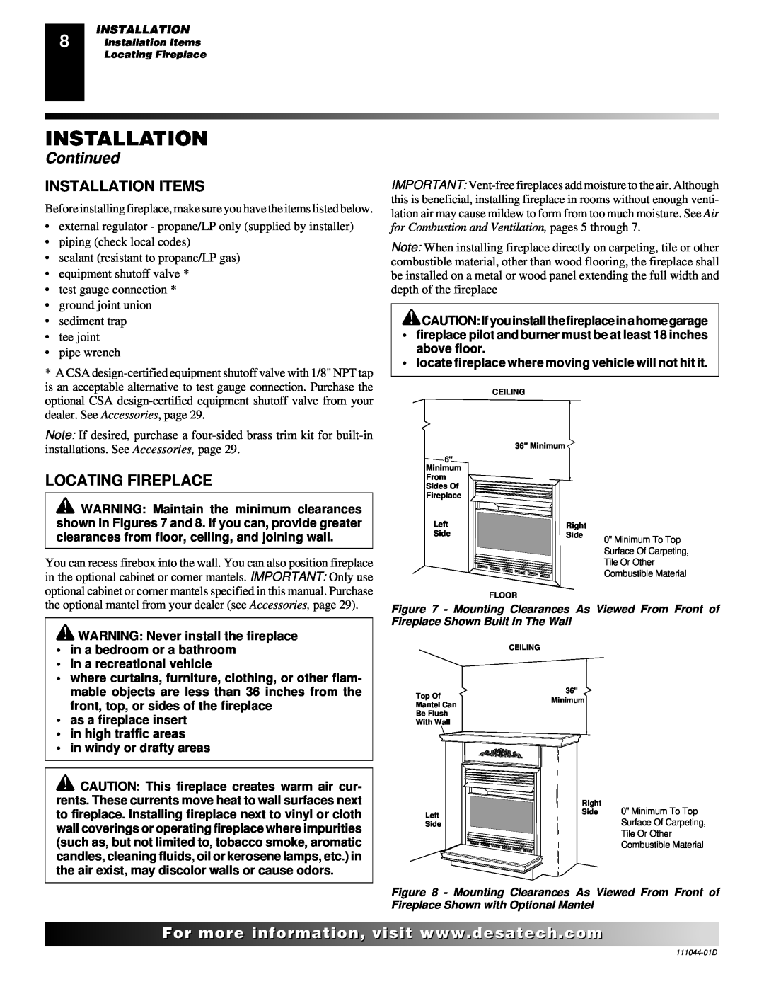 Desa Tech CGCFTP, CGCFTN installation manual Installation Items, Locating Fireplace, Continued 