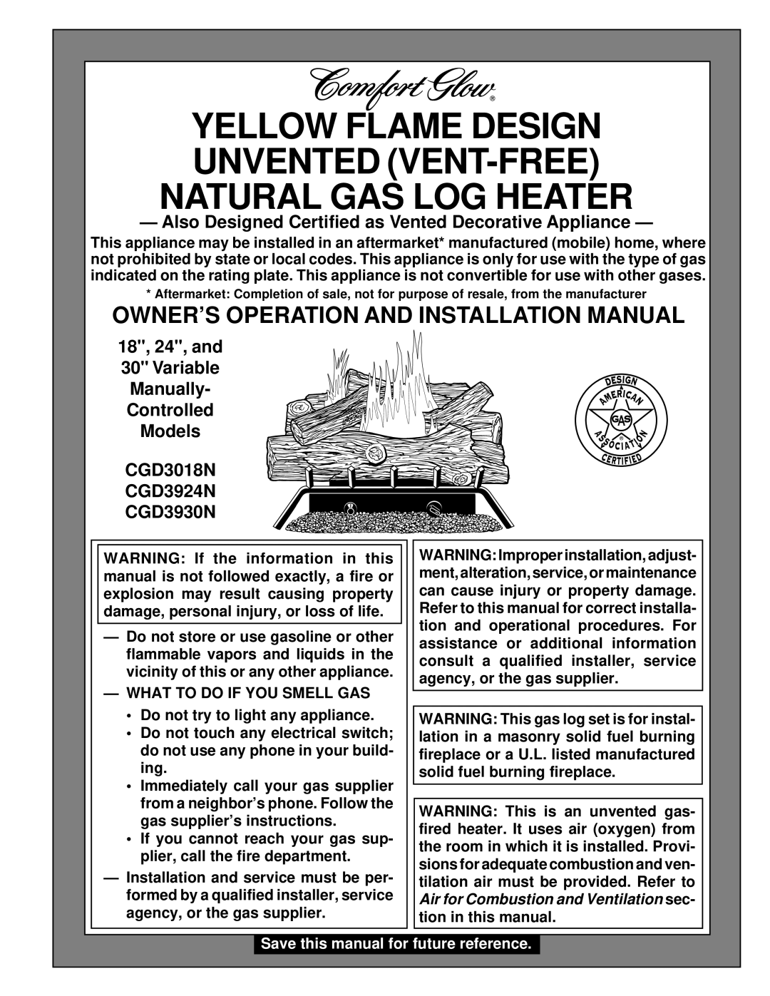 Desa Tech CGD3924N, CGD3018N installation manual OWNER’S Operation and Installation Manual, What to do if YOU Smell GAS 