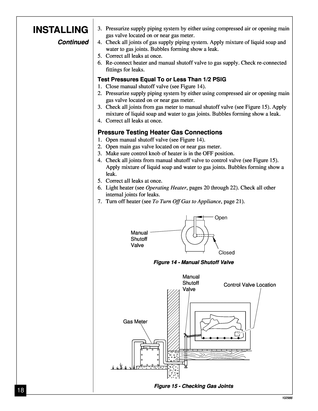 Desa Tech CGD3018N, CGD3924N, CGD3930N installation manual Installing, Continued, Pressure Testing Heater Gas Connections 