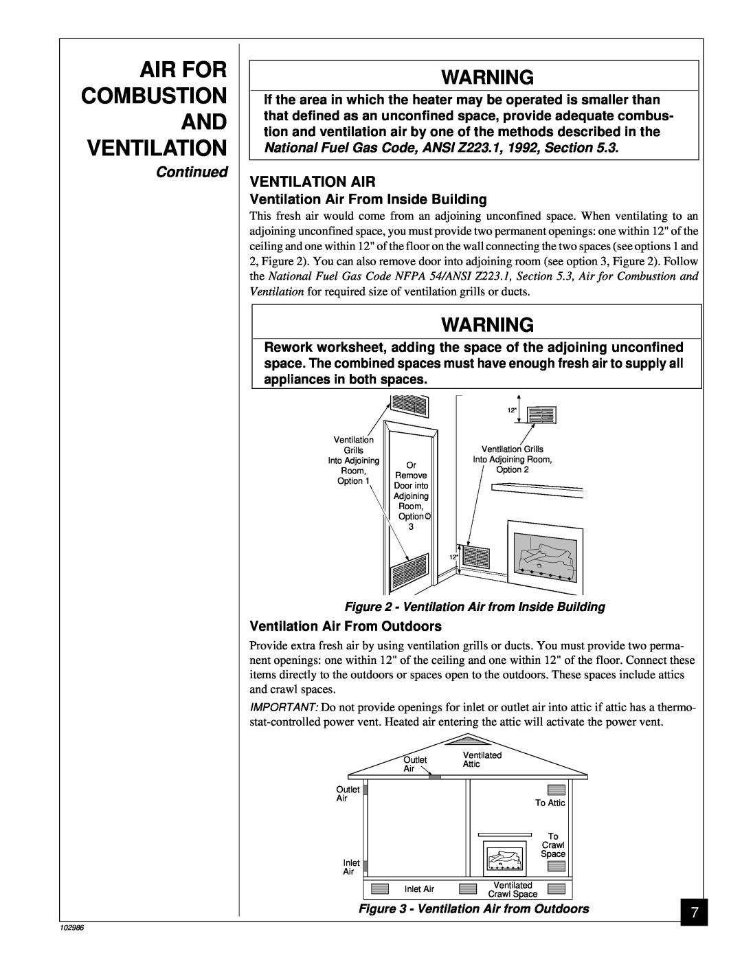 Desa Tech CGD3924N, CGD3018N, CGD3930N installation manual Air For, Combustion, Continued, Ventilation Air 